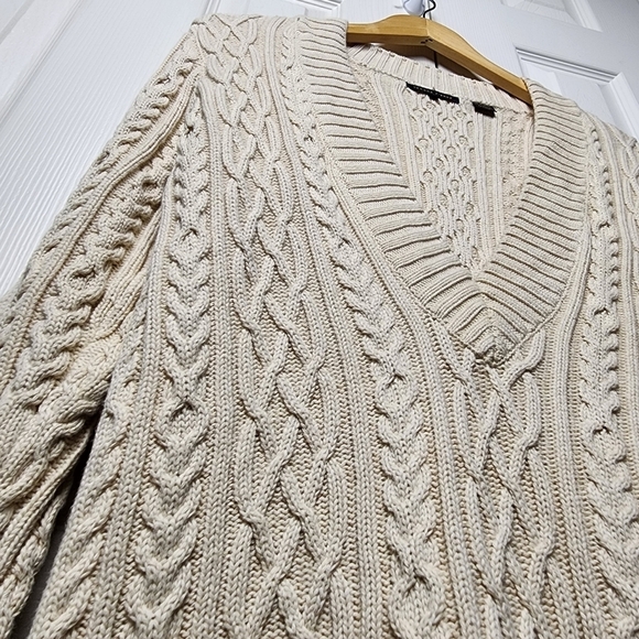 Jeanne Pierre Cream Knit Heavy Thick Cotton V-Neck Sweater Size Medium - Picture 5 of 10